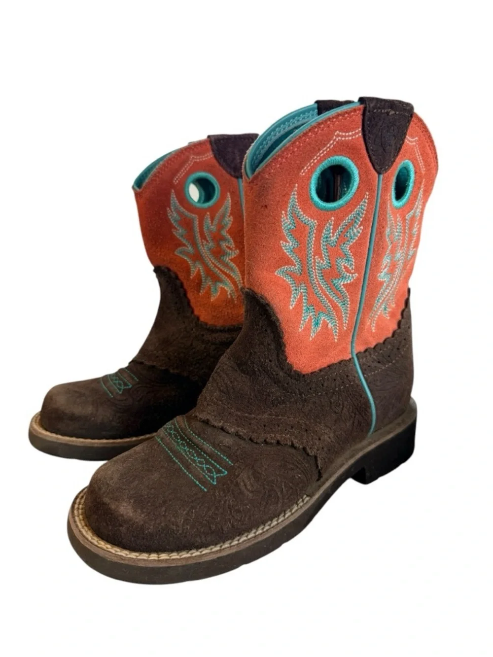 Ariat Kids Cowboy Boots Brown Leather Turquoise Embroidered Western 4LR Youth